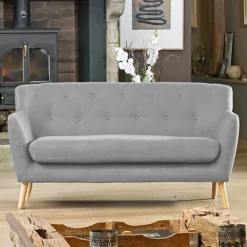 Lynwood 177cm Wide Light Grey 3 Seat Textured Fabric Scandi Sofa With Both Light And Dark Wooden Legs