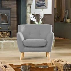 Lynwood 86cm Wide Light Grey Textured Fabric Scandi Arm Chair With Both Light And Dark Wooden Legs