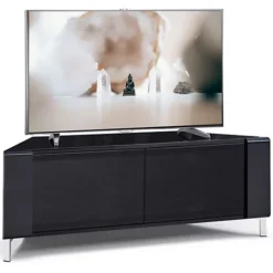 MDA Designs CORVUS Corner-Friendly Black Cabinet With BeamThru Glass Doors For Flat Screen TVs Up To 50"