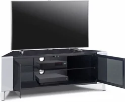 MDA Designs CORVUS Corner-Friendly Black With White Profiles Black BeamThru Glass Doors Stand For Flat Screen TVs Up To 50" -Furniture Store mda designs corvus corner friendly black with white profiles black beamthru glass doors stand for flat screen tvs up to 50 5060459202146 04c MP