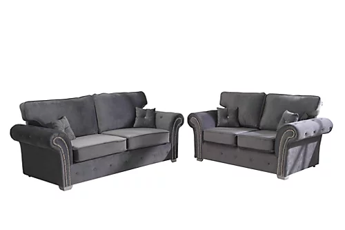 Mellows Plush Velvet Grey Sofa Full Back 3+2 Set 3 Mellows Plush Velvet Grey Sofa Full Back 3+2 Set