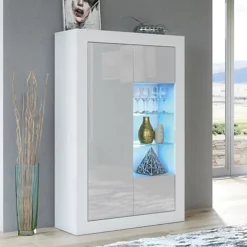 Modern Sideboard Display Cabinet Cupboard TV Stand Living Room High Gloss Doors - White & Grey