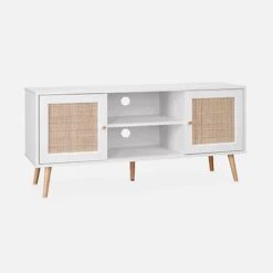 Scandi-style Wood And Cane Rattan TV Stand 2 Shelves 2 Doors 120x39x56.5cm - Boheme - White