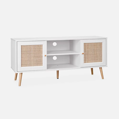 Scandi-style Wood And Cane Rattan TV Stand 2 Shelves 2 Doors 120x39x56.5cm - Boheme - White 3 Scandi-style Wood And Cane Rattan TV Stand 2 Shelves 2 Doors 120x39x56.5cm - Boheme - White