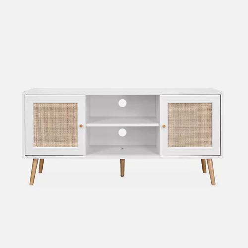 Scandi-style Wood And Cane Rattan TV Stand 2 Shelves 2 Doors 120x39x56.5cm - Boheme - White 5 Scandi-style Wood And Cane Rattan TV Stand 2 Shelves 2 Doors 120x39x56.5cm - Boheme - White - Image 3