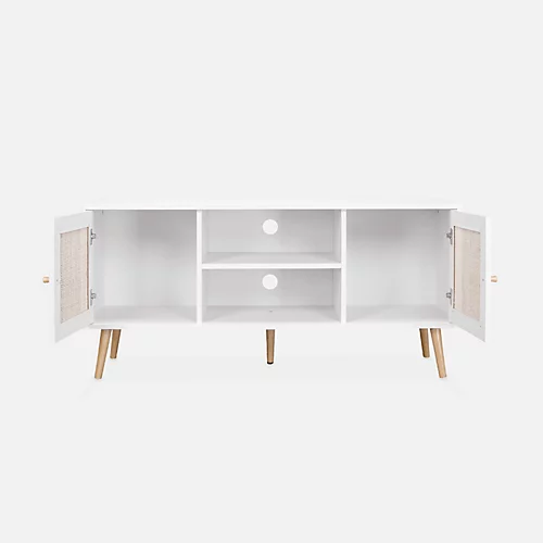 Scandi-style Wood And Cane Rattan TV Stand 2 Shelves 2 Doors 120x39x56.5cm - Boheme - White 6 Scandi-style Wood And Cane Rattan TV Stand 2 Shelves 2 Doors 120x39x56.5cm - Boheme - White - Image 4