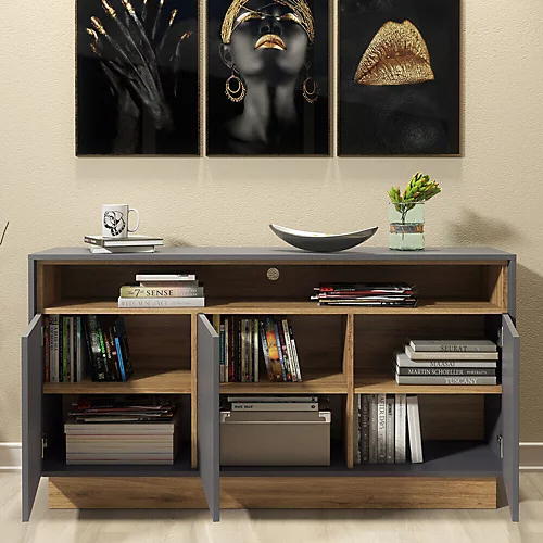 Sideboard 130cm Sideboard Cabinet Cupboard TV Stand Living Room Oak & Grey 6 Sideboard 130cm Sideboard Cabinet Cupboard TV Stand Living Room Oak & Grey - Image 4