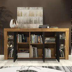 Sideboard TV Unit Display Cabinet Cupboard TV Stand Living Room Matte Doors - Oak & Black -Furniture Store sideboard tv unit display cabinet cupboard tv stand living room matte doors oak black5060970901382 03c MP