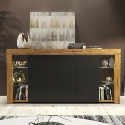 Sideboard TV Unit Display Cabinet Cupboard TV Stand Living Room Matte Doors - Oak & Black -Furniture Store sideboard tv unit display cabinet cupboard tv stand living room matte doors oak black5060970901382 04c MP