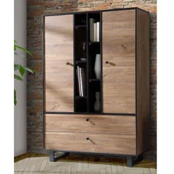 Tall Display Cabiney Dark Oak And Black Finish 2 Door 2 Drawer