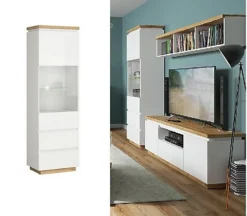 Tall Glass Display Cabinet LED Light Buffet Unit Modern White Gloss Oak Erla