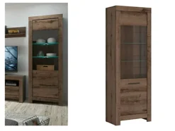 Tall Glass Display Cabinet Slim Unit 1 Glass Door Dark Oak Finish LED Light Balin