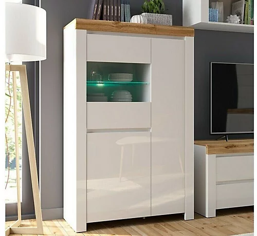 Tall Glass Display Cabinet Soft Close Shelf LED Light White Gloss Oak Effect Holten 2 Tall Glass Display Cabinet Soft Close Shelf LED Light White Gloss Oak Effect Holten