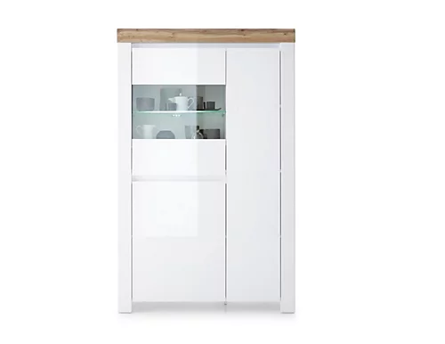 Tall Glass Display Cabinet Soft Close Shelf LED Light White Gloss Oak Effect Holten 3 Tall Glass Display Cabinet Soft Close Shelf LED Light White Gloss Oak Effect Holten - Image 2