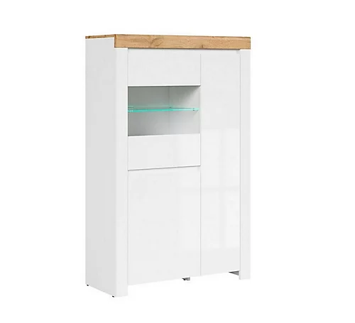 Tall Glass Display Cabinet Soft Close Shelf LED Light White Gloss Oak Effect Holten 4 Tall Glass Display Cabinet Soft Close Shelf LED Light White Gloss Oak Effect Holten - Image 3