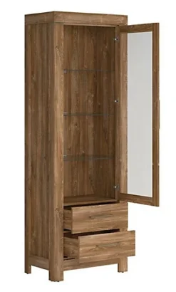 Tall Glass Display Cabinet Unit 2 Soft Close Drawers LEDs Medium Oak Finish Gent -Furniture Store tall glass display cabinet unit 2 soft close drawers leds medium oak finish gent5901451029006 04c MP