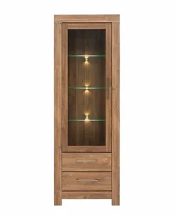 Tall Glass Display Cabinet Unit 2 Soft Close Drawers LEDs Medium Oak Finish Gent -Furniture Store tall glass display cabinet unit 2 soft close drawers leds medium oak finish gent5901451029006 05c MP
