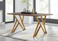 Taranto Rectangular Wood Effect 6 Seater Dining Table With Gold Metal Geometric Legs In Modern Rustic Trestle Table Inspired Style