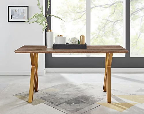 Taranto Rectangular Wood Effect 6 Seater Dining Table With Gold Metal Geometric Legs In Modern Rustic Trestle Table Inspired Style 4 Taranto Rectangular Wood Effect 6 Seater Dining Table With Gold Metal Geometric Legs In Modern Rustic Trestle Table Inspired Style - Image 2