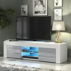 TV Unit 130cm Sideboard Cabinet Cupboard TV Stand Living Room High Gloss Doors - White & Grey