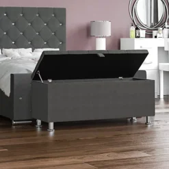 Vida Designs Valencia Storage Ottoman Dark Grey Linen Storage Bench Chest Bedroom Living Room 