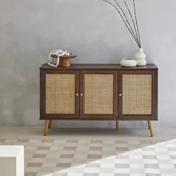 Wooden And Cane Rattan Detail Sideboard With 3 Doors 2 Shelves Scandi-style Legs 120x39x70cm - Boheme - Dark Wood Colour