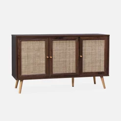 Wooden And Cane Rattan Detail Sideboard With 3 Doors 2 Shelves Scandi-style Legs 120x39x70cm - Boheme - Dark Wood Colour -Furniture Store wooden and cane rattan detail sideboard with 3 doors 2 shelves scandi style legs 120x39x70cm boheme dark wood colour3760350655592 03c MP