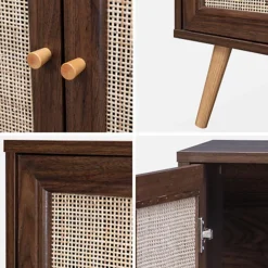 Wooden And Cane Rattan Detail Sideboard With 3 Doors 2 Shelves Scandi-style Legs 120x39x70cm - Boheme - Dark Wood Colour -Furniture Store wooden and cane rattan detail sideboard with 3 doors 2 shelves scandi style legs 120x39x70cm boheme dark wood colour3760350655592 06c MP