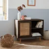 Wooden And Cane Rattan Detail Storage Cabinet With 2 Shelves 1 Cupboard Scandi-style Legs 80x39x65.8cm - Boheme - Dark Wood Col