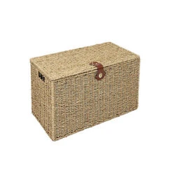 Woodluv Natural Seagrass Lidded Trunk, Toy Box Chest, Storage Basket, Handwoven Organiser - Small